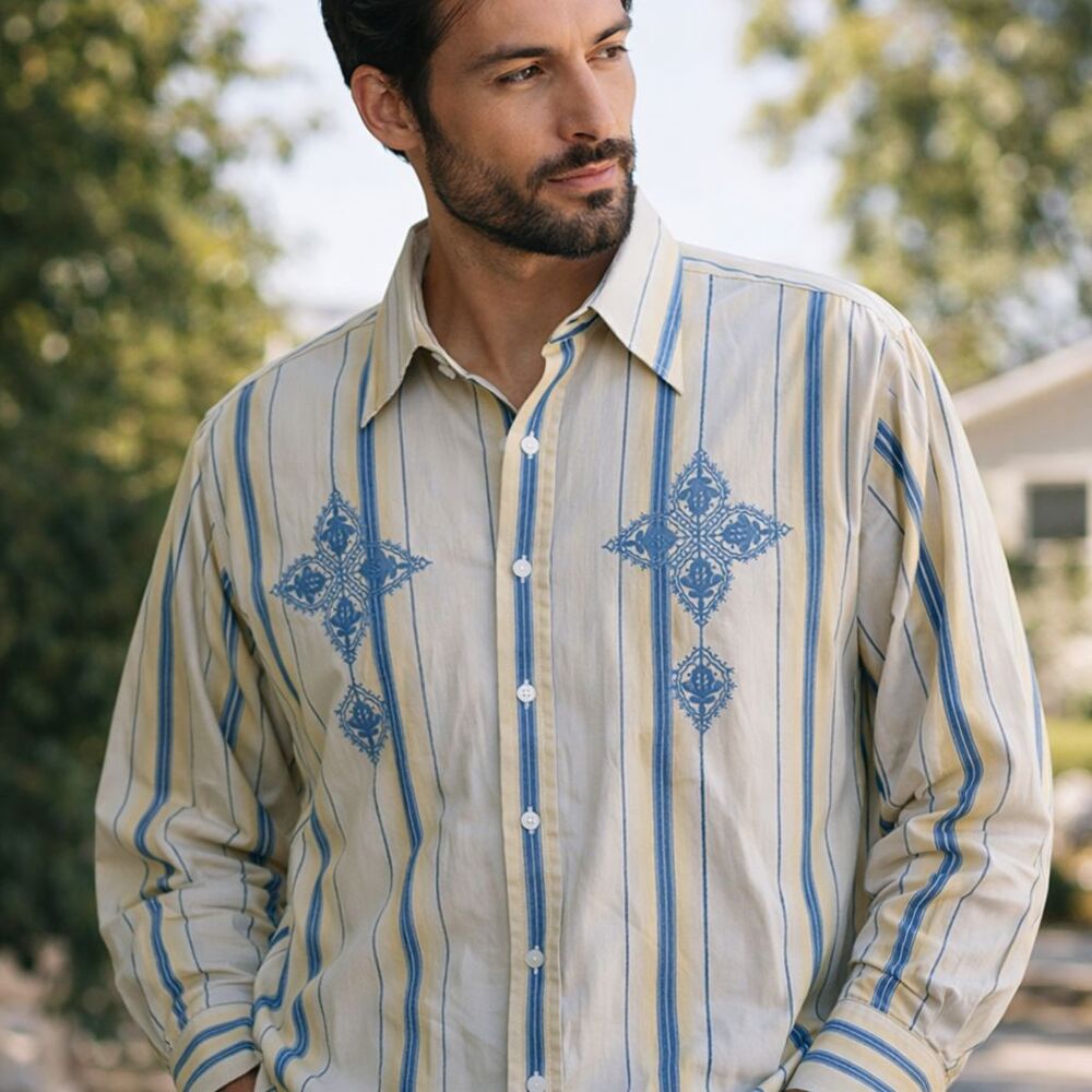 Embroidered Stripe Button Up Shirt Cotton Western Y2K Resort L Tan Blue Aztec